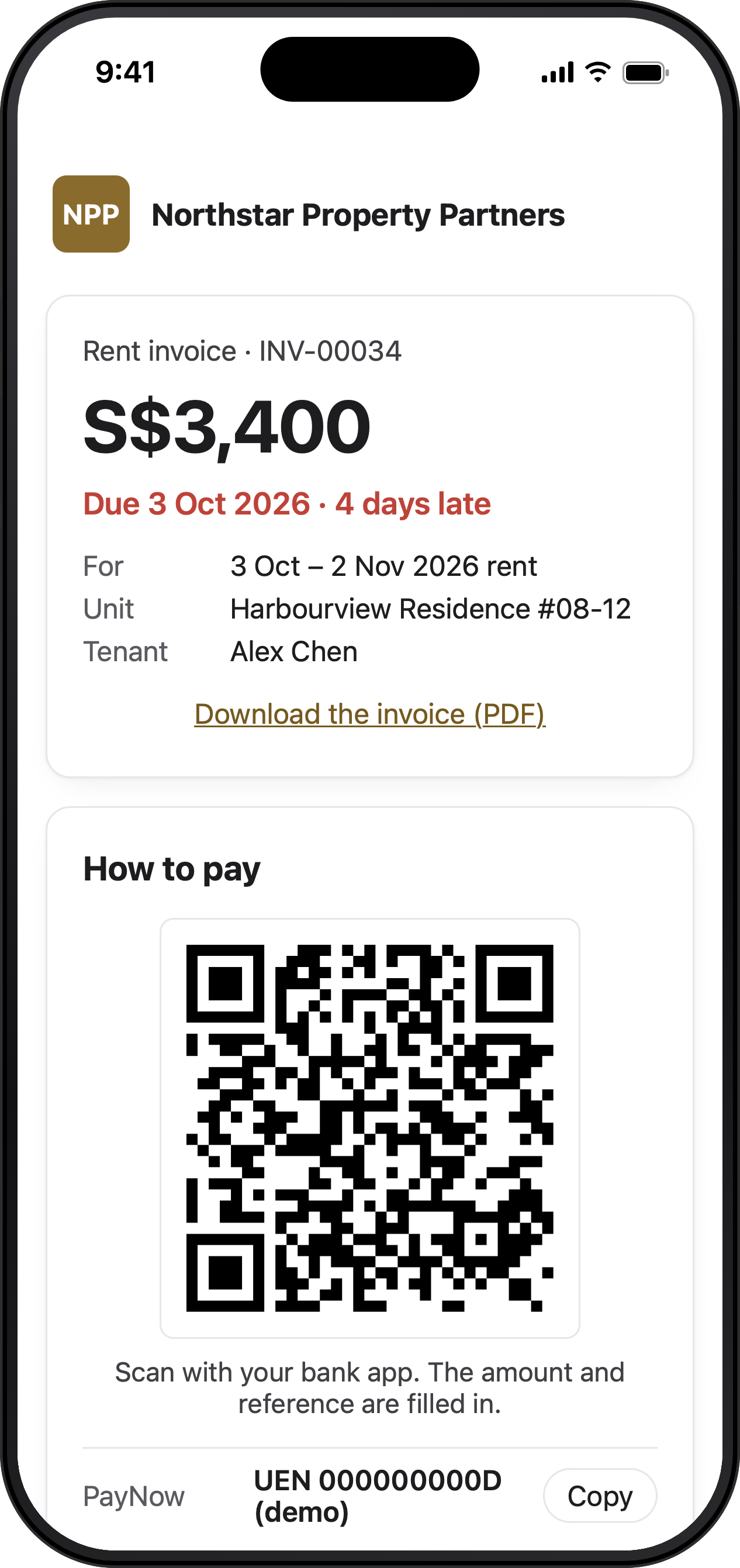 The page a tenant opens from the invoice link: the landlord's name, the amount, the due date, and a PayNow QR with the amount and reference filled in