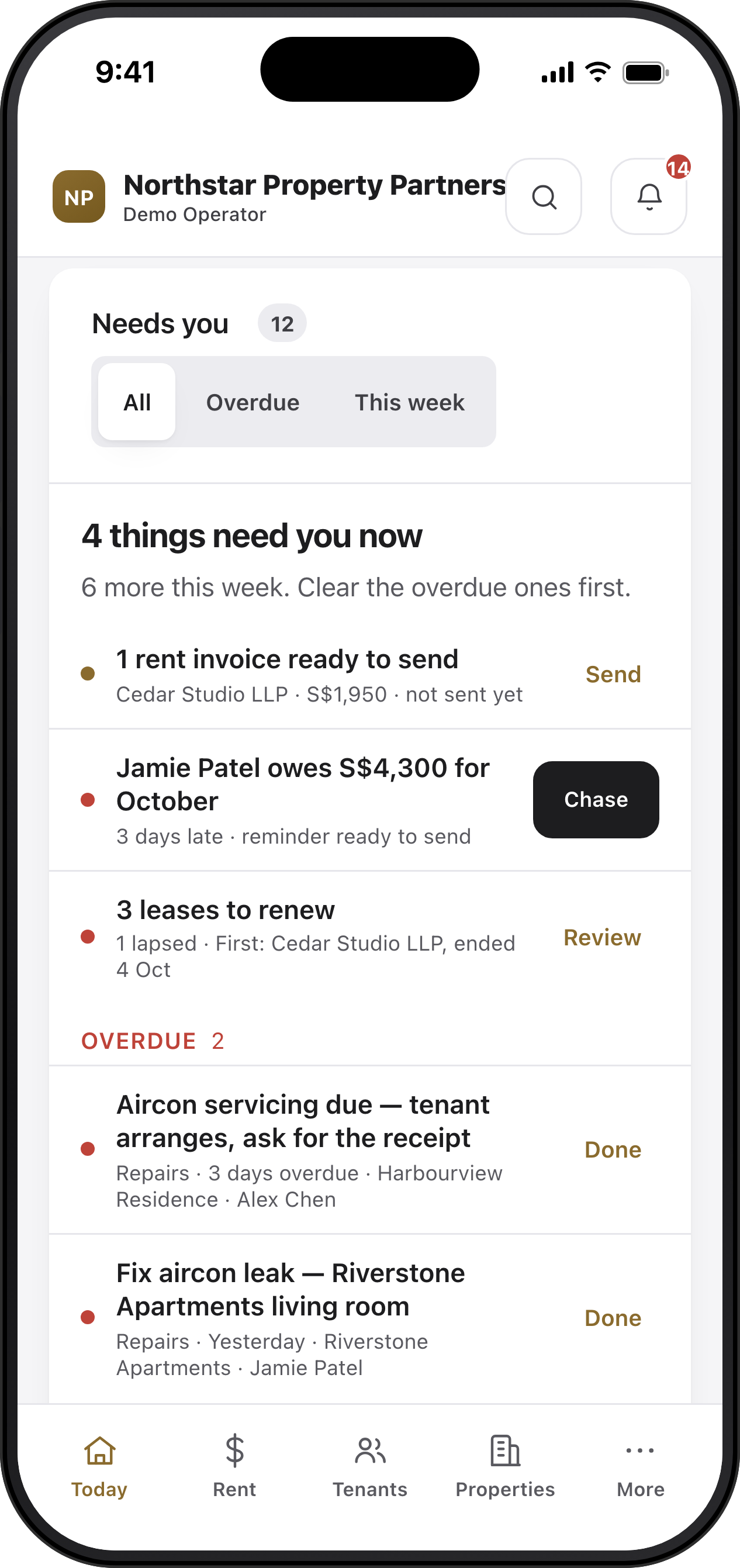 The phone app on Today: September rent collected, what is overdue, leases ending, and the things that need you